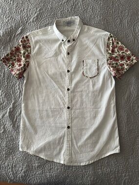 White Short-Sleeve Button-Down Shirt with Pink Floral Sleeves